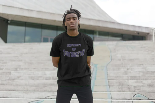 A model wears a black University of Southampton t-shirt.
